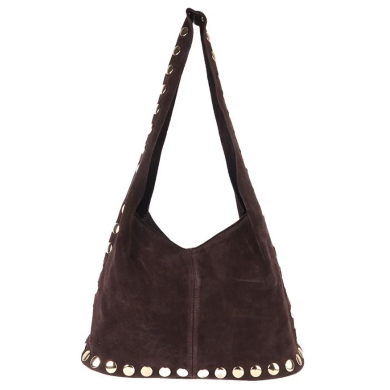 Schoudertas suède leer met studs -Koffie