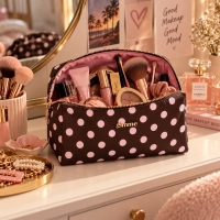 Make-up Tas Koffiebruin met Roze Dots